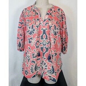 Philosophy Women’s Blouse 2X Coral Blue Print 100% Cotton Tassel NWT